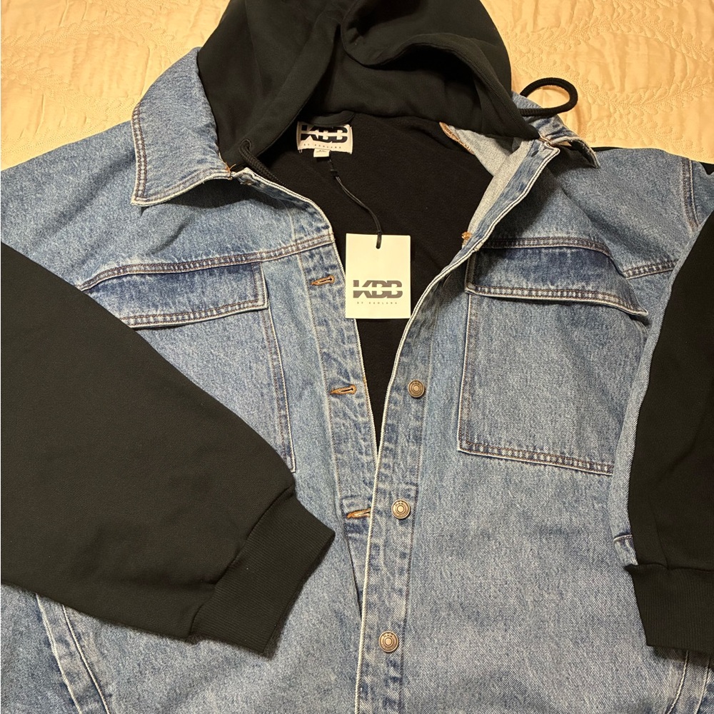 KBB By Kahlana Barfield Brown Oversized Denim Jacket with Black Hoodie Sleeves